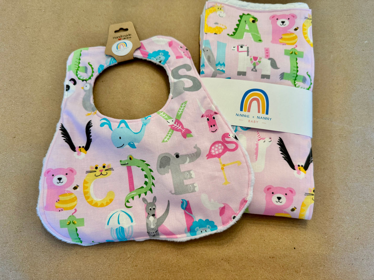 Alphabet Animals - Pink : Burp Cloth