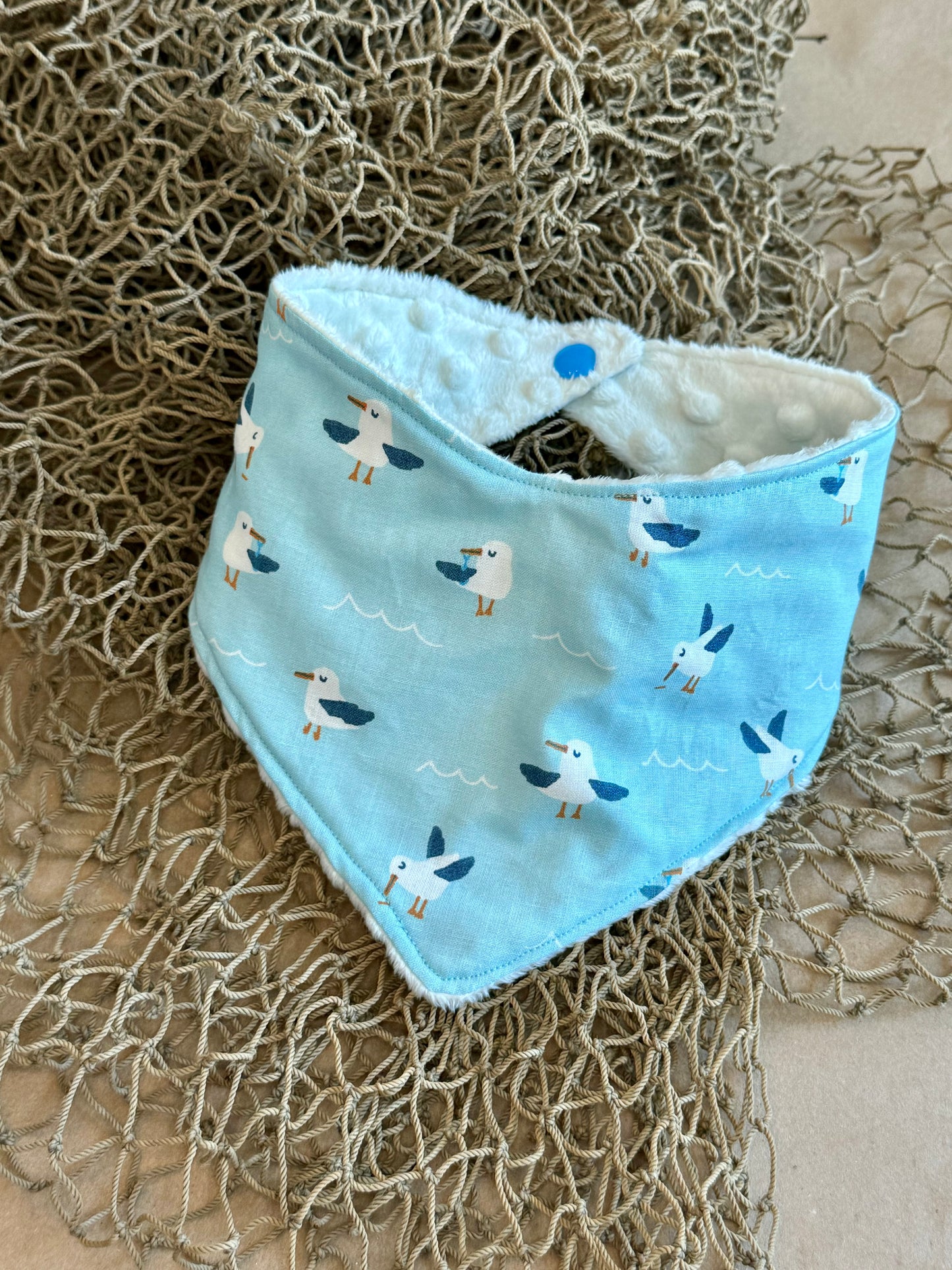 bandana baby bib seagulls sealife ocean cotton fabric minki minky dot fabric plastic snap button infant 