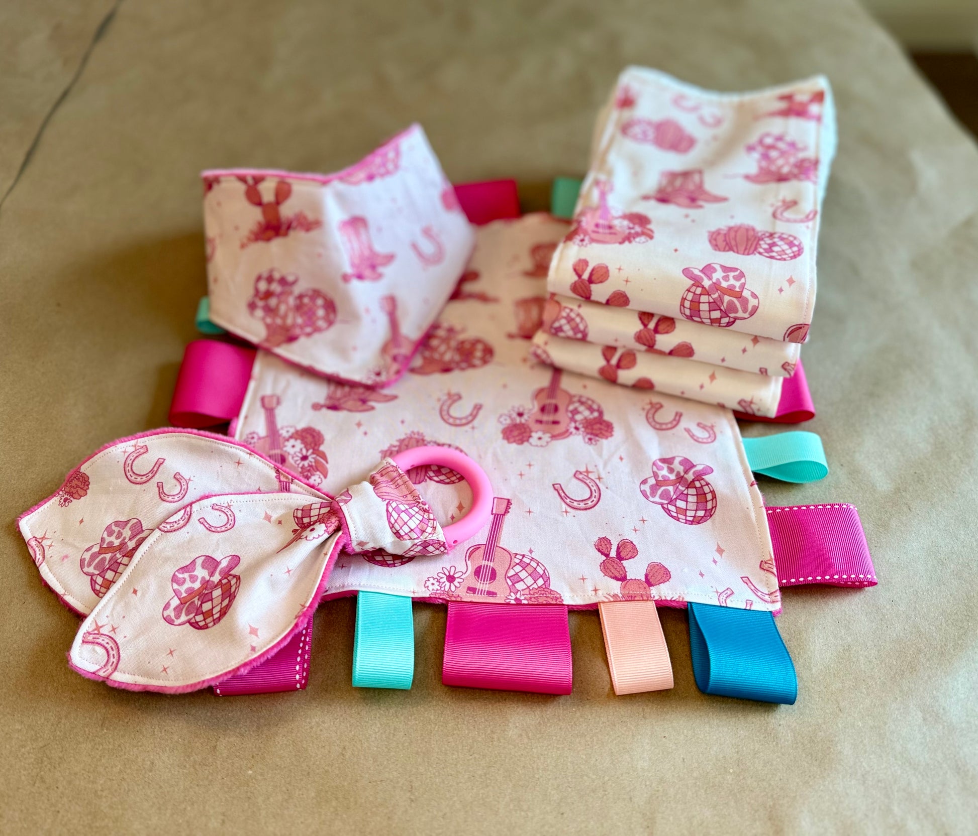 newborn infant baby girl burp cloths teether silicone ring bandana bib burp cloth bandana sensory tag blanket lets go girls disco ball cowboy boots horseshoe cotton fabric minki minky dot fabric plastic snap button  diaper grosgrain ribbon