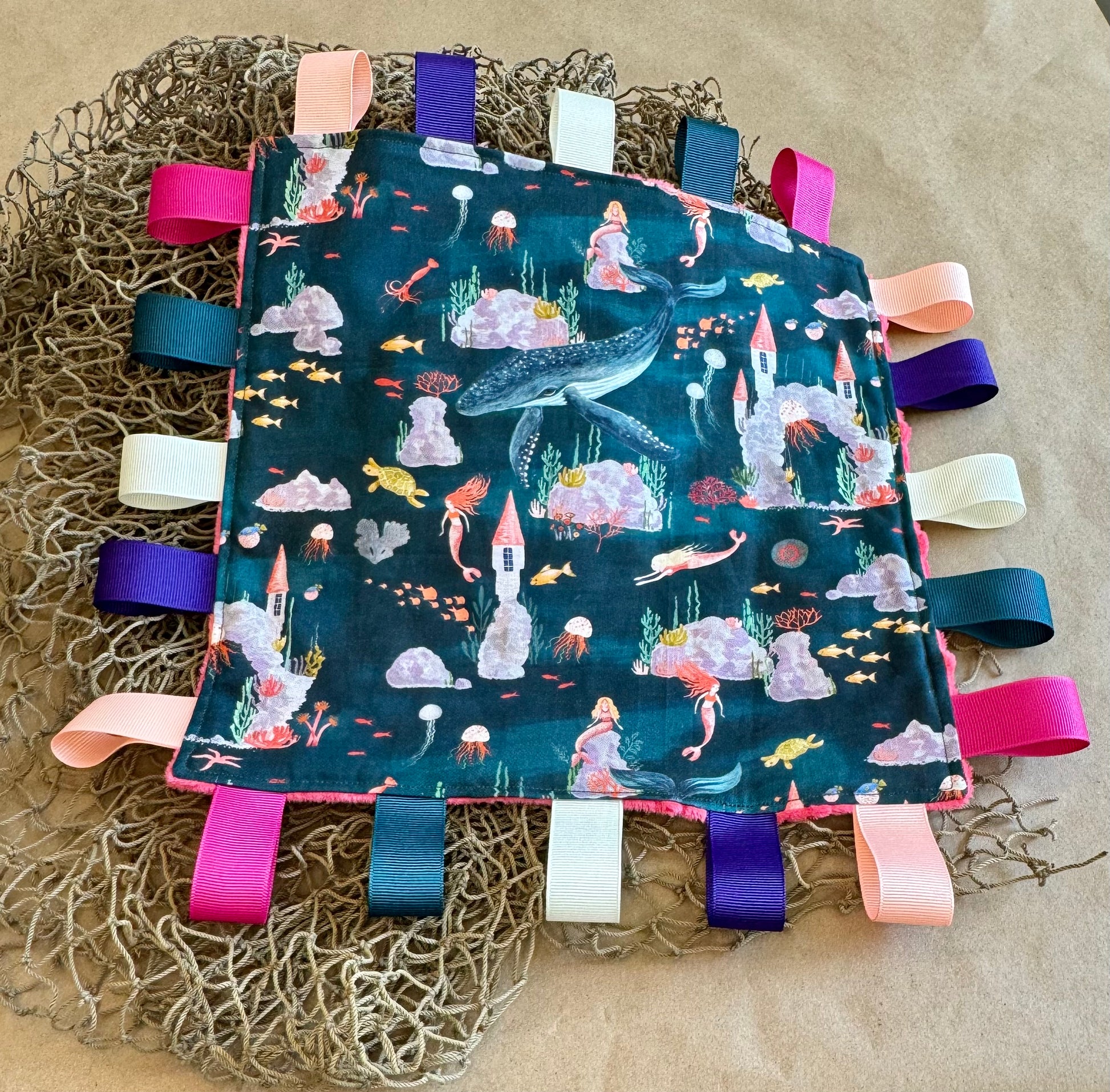 infant newborn baby girl mermaid whale sea life ocean castle princess under the sea sensory tag blanket cotton minki minky grosgrain ribbon