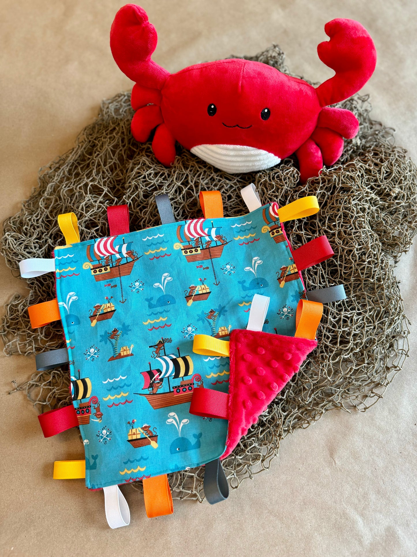 monkey pirates ocean life sealife ahoy sensory tag blanket grosgrain ribbon minki minky newborn infant baby boy