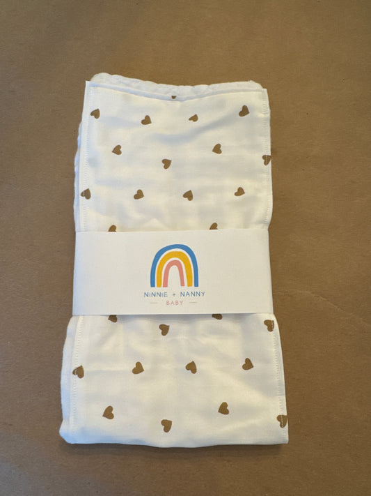 Tan Hearts on White - Love : Burp Cloth