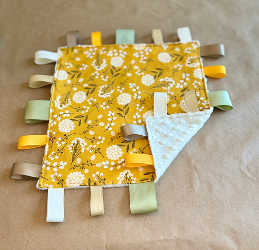 infant newborn baby girl flowers wildflowers mustard floral sensory tag blanket cotton minki minky grosgrain ribbon