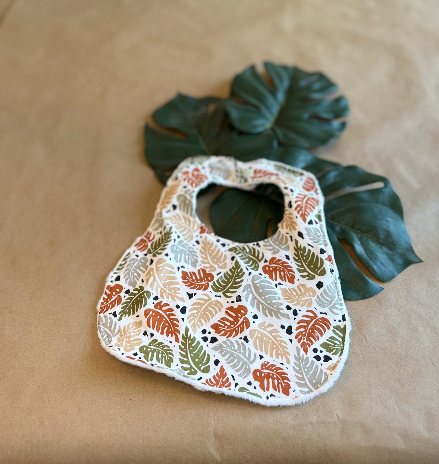 baby bib jungle leaves neutral nature cotton fabric minki minky dot fabric plastic snap button infant newborn