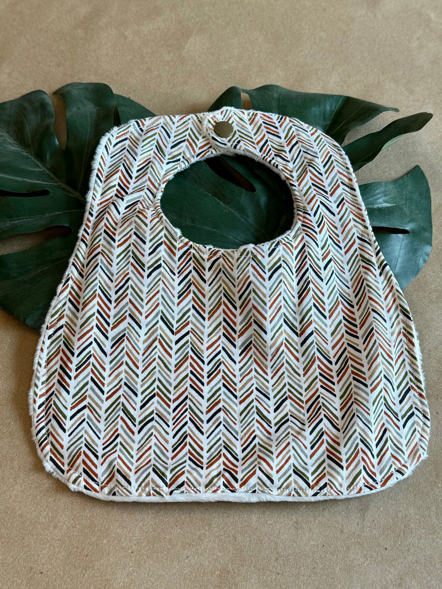 baby bib chevron neutral nature cotton fabric minki minky dot fabric plastic snap button infant newborn