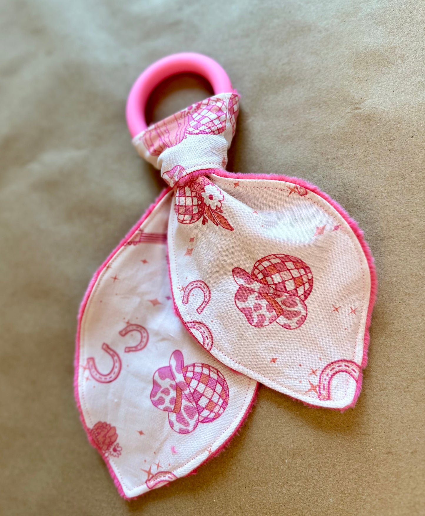 newborn infant girl silicone teether lets go girls disco ball cowboy boots horseshoe cotton fabric minki minky dot