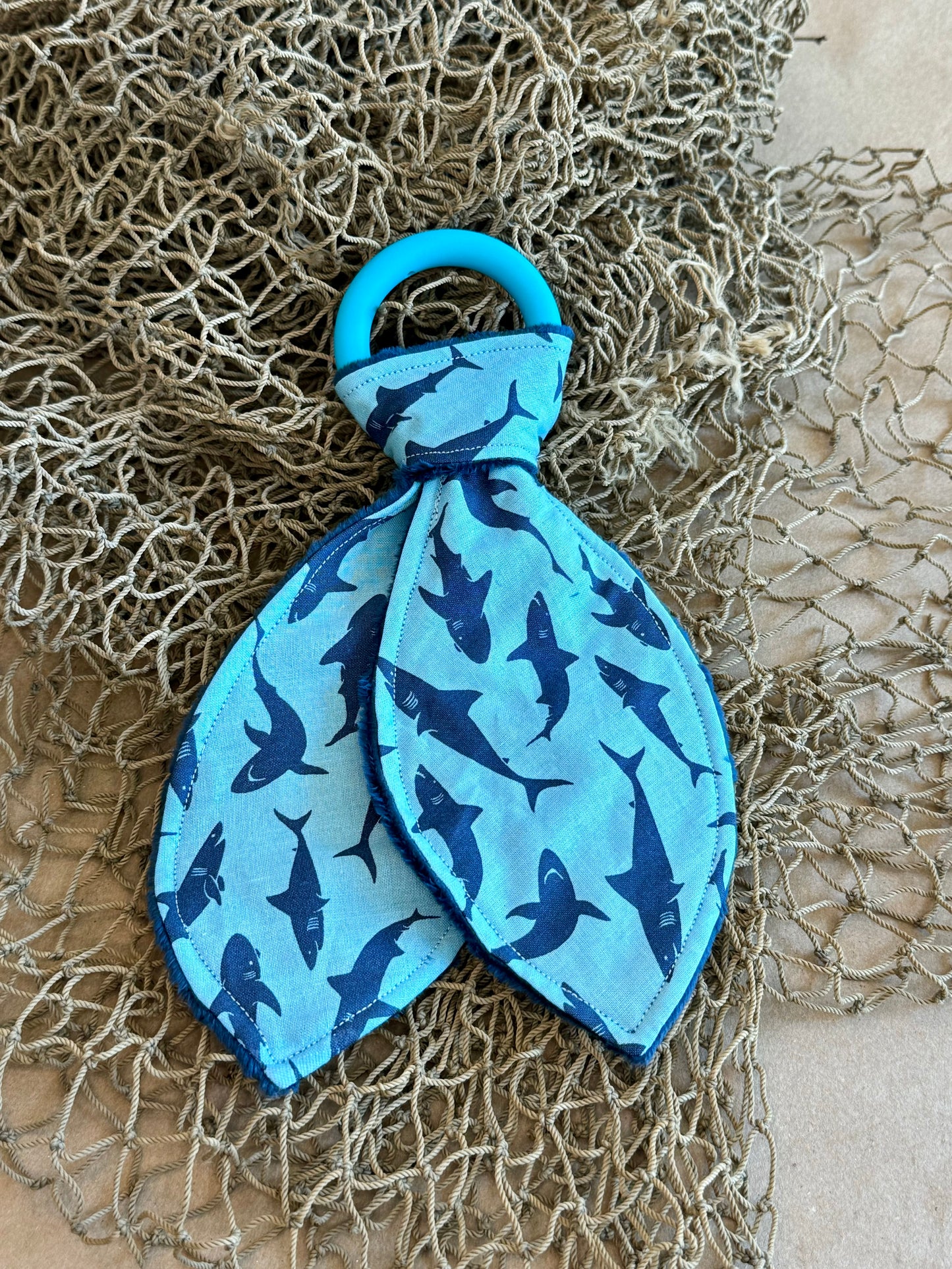 newborn infant baby boy teether teething ring sharks ocean sea life cotton minki minky wood silicone