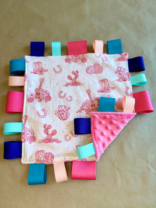 newborn infant girl baby  sensory tag blanket girl lets go girls disco ball cowboy boots horseshoe cotton fabric minki minky dot fabric grosgrain ribbon