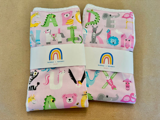 Alphabet Animals - Pink : Burp Cloth