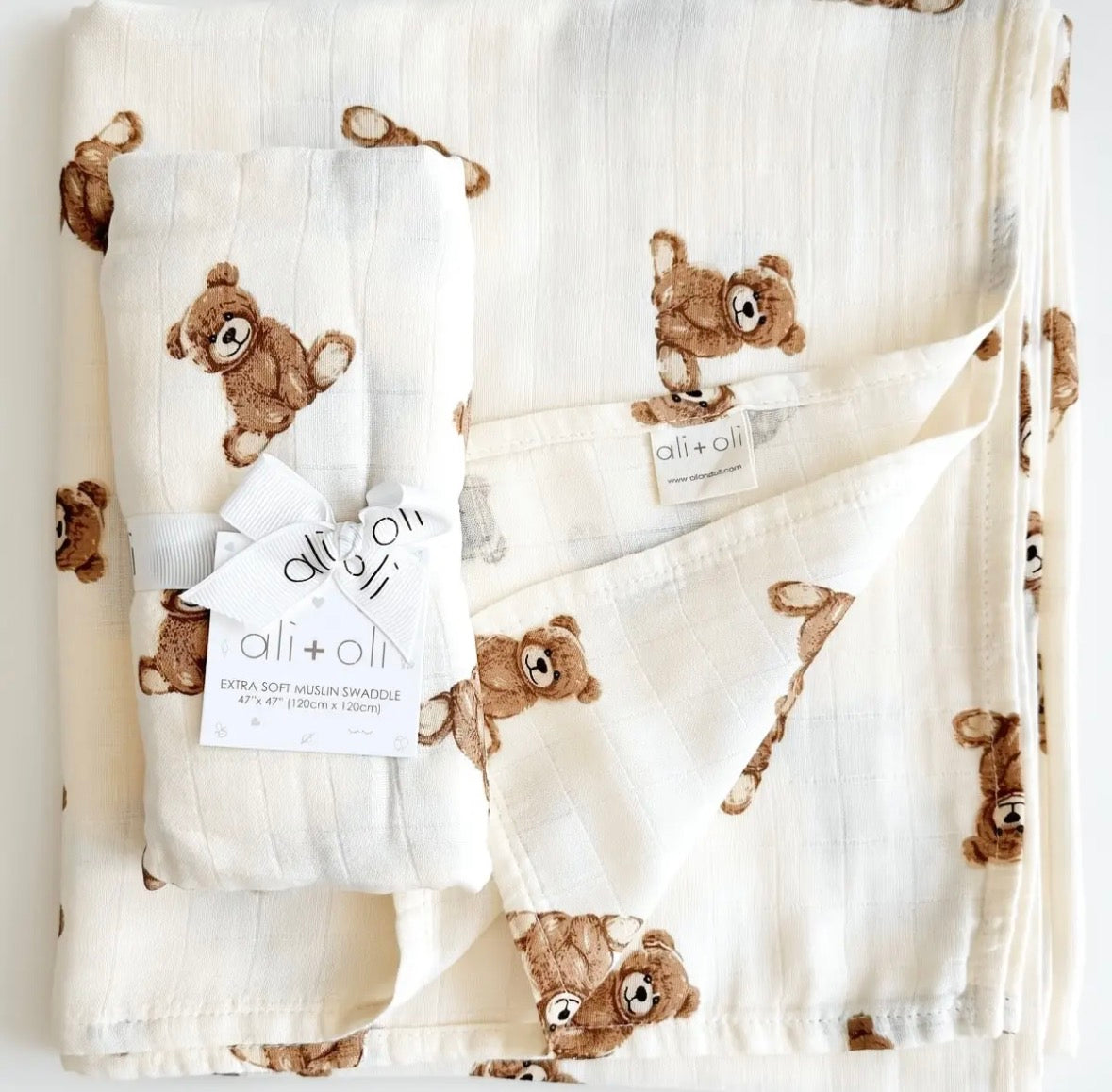 Ali + Oli Bamboo Muslin Swaddle Baby Blanket : Teddy Bear