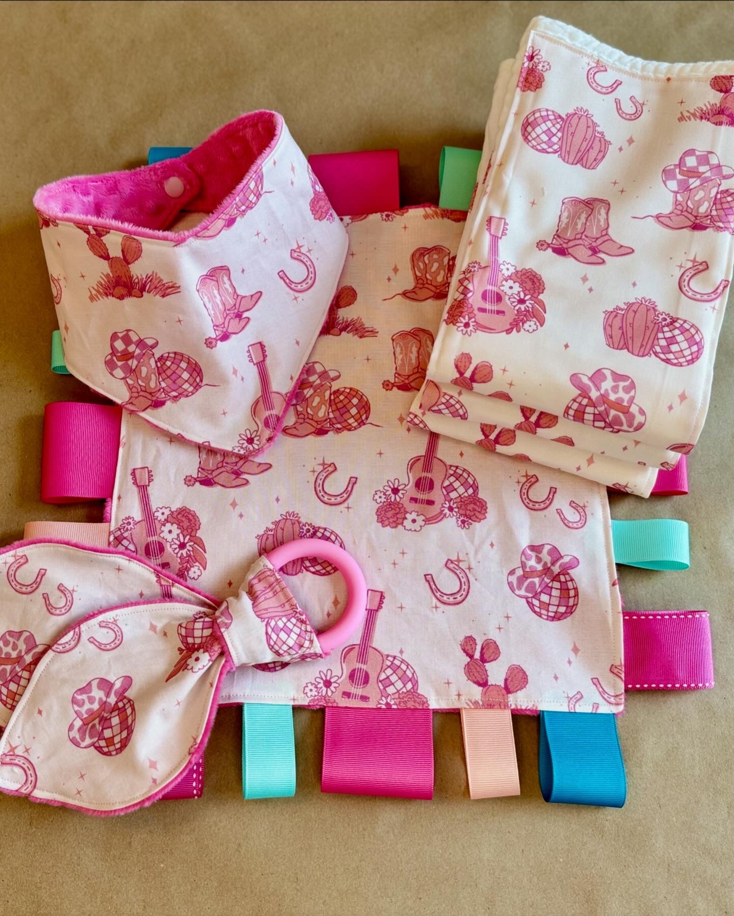 newborn infant baby girl burp cloths teether silicone ring bandana bib burp cloth bandana sensory tag blanket lets go girls disco ball cowboy boots horseshoe cotton fabric minki minky dot fabric plastic snap button  diaper grosgrain ribbon