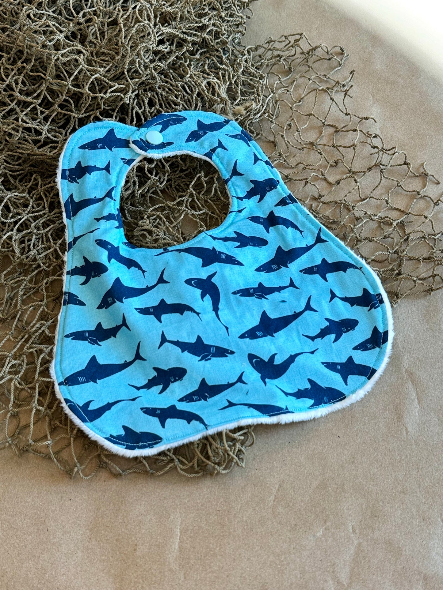 newborn infant baby boy bib nursing feeding shark sea life ocean cotton minki minky plastic snap button