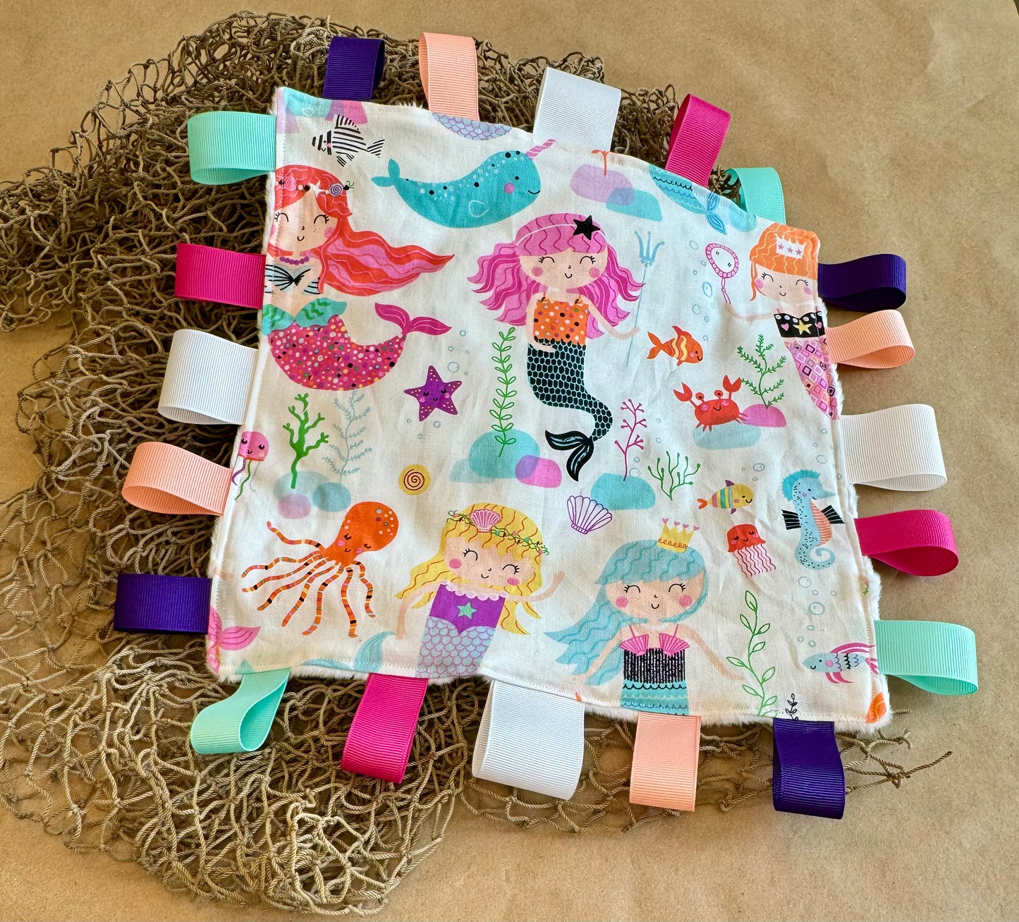 newborn infant baby girl sensory tag blanket mermaids sea life starfish ocean  cotton fabric minki minky dot fabric grosgrain ribbon