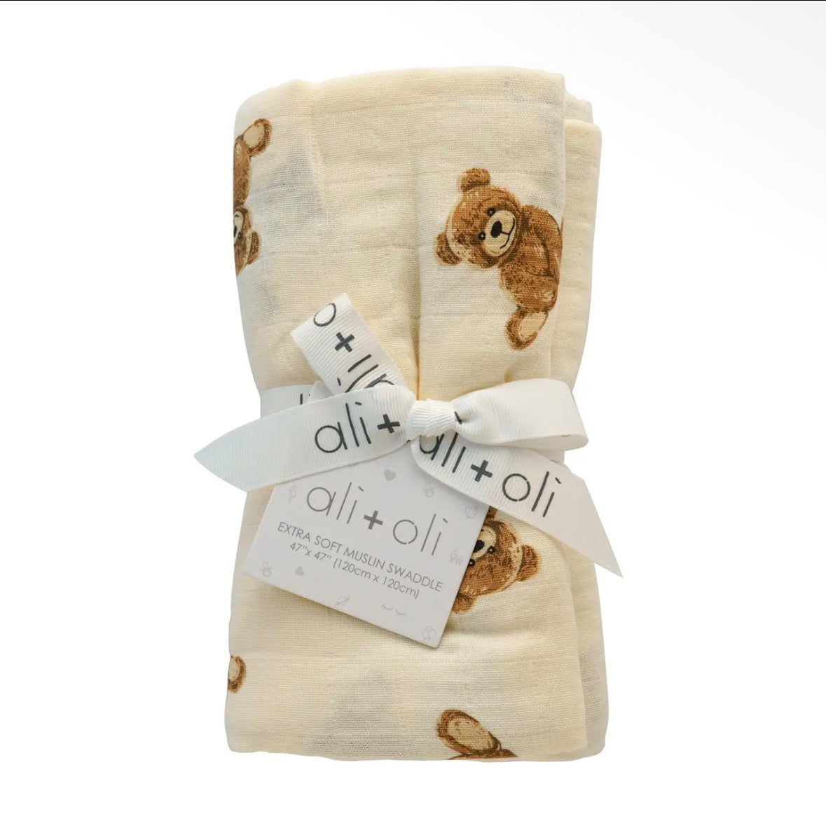 Ali + Oli Bamboo Muslin Swaddle Baby Blanket : Teddy Bear