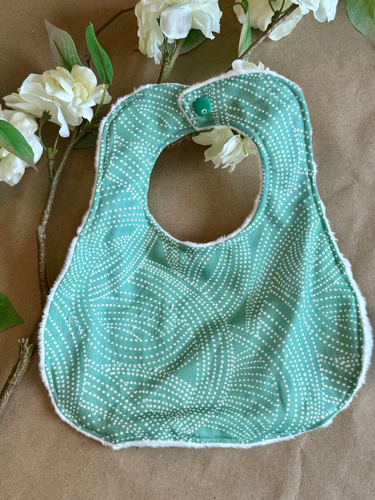 newborn infant baby boy girl neutral sage green polka dot bib nursing feeding cotton minki minky plastic snap button