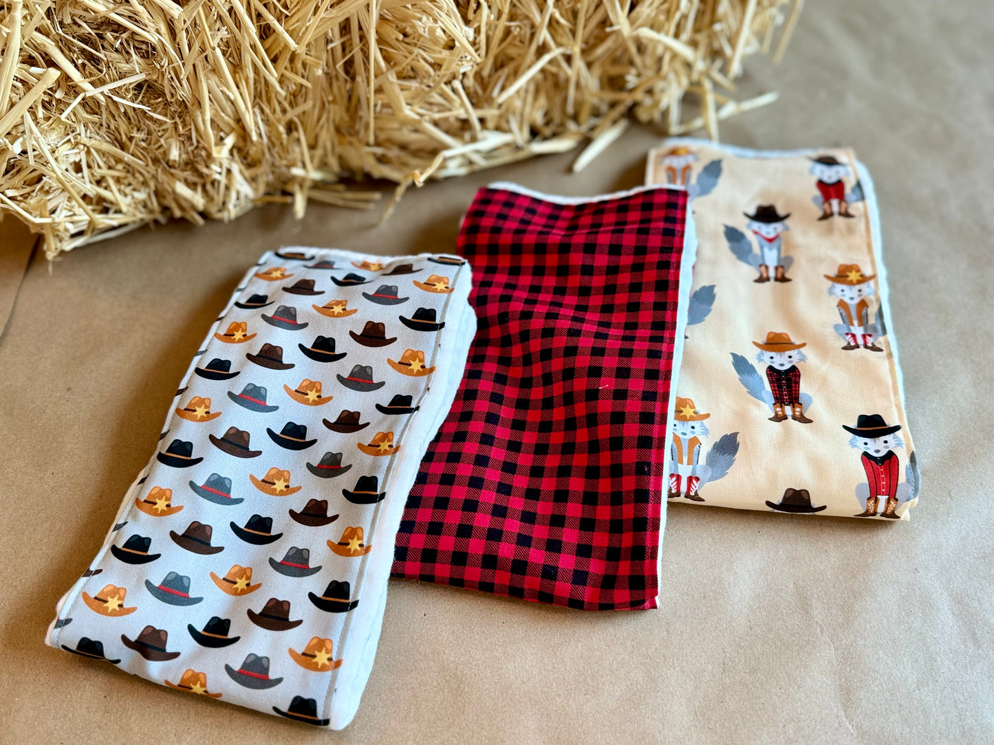 infant newborn baby boy red black checkered cowboy hats coyotes western plaid burp cloth nursing feeding cotton minki minky diaper