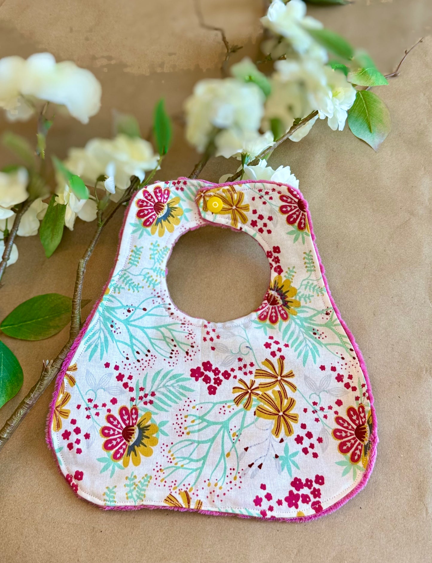 newborn infant baby girl wildflowers flowers floral bib nursing feeding cotton minki minky plastic snap button