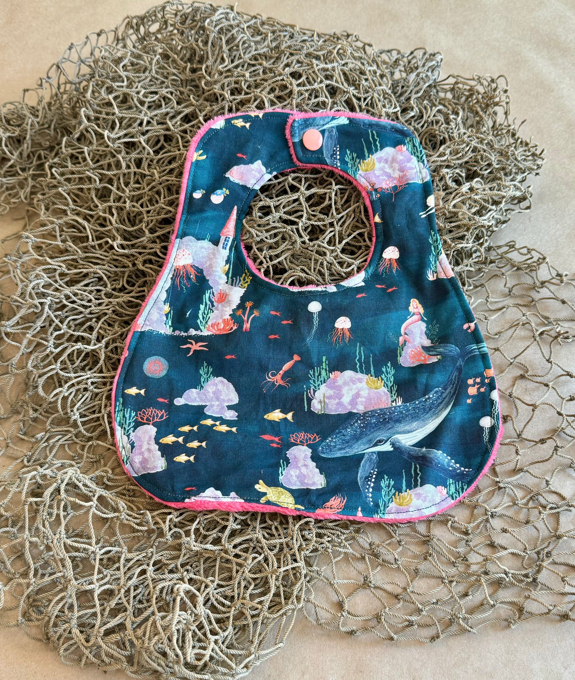 infant newborn baby girl mermaid whale sea life ocean castle princess under the sea bib nursing feeding cotton minki minky plastic snap bib