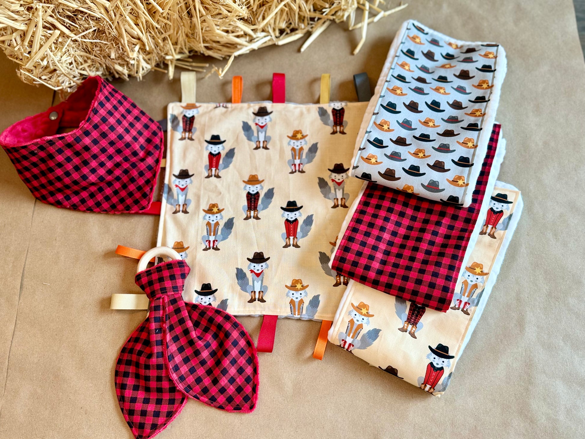 teether tag blanket burp cloth bandana baby bib red black checkered coyote cowboy hat western farm cotton fabric minki minky dot fabric plastic snap button infant silcone wood